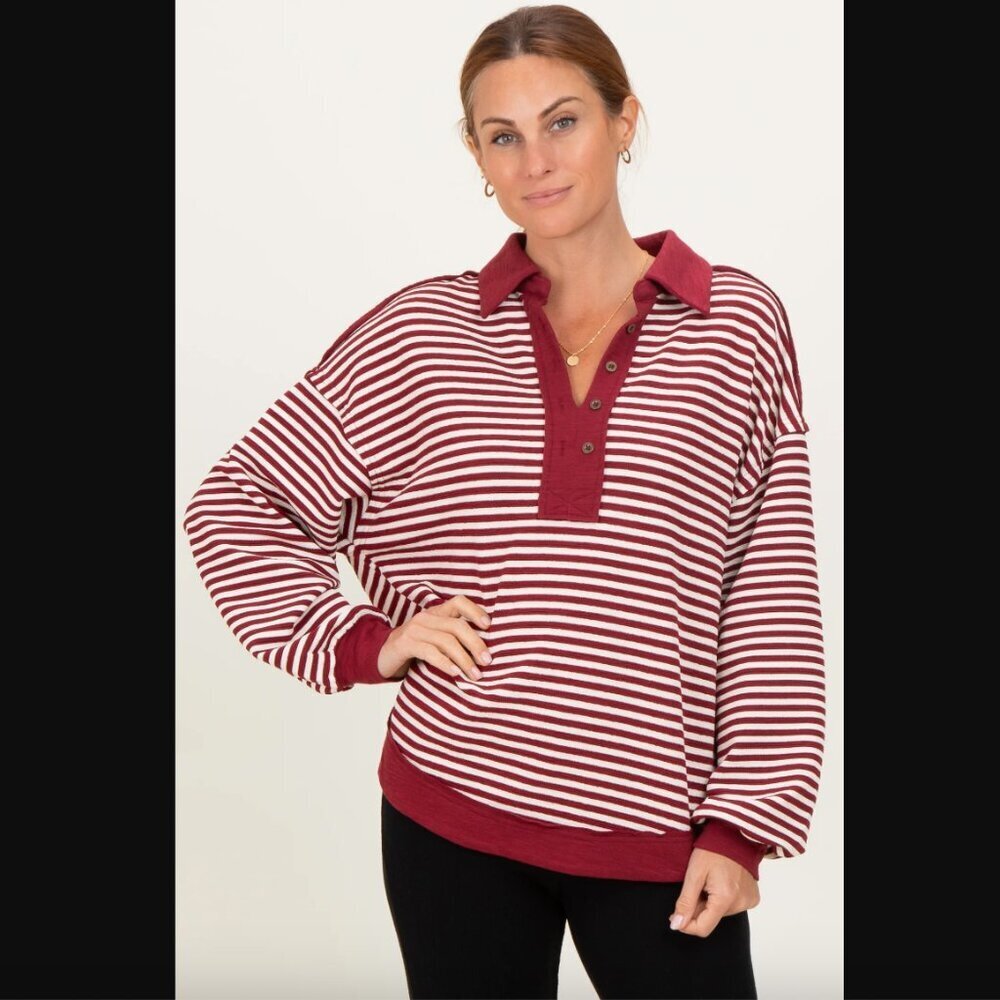 Pinkblush BiBi Burgundy Striped Oversized Collared Pullover Top S